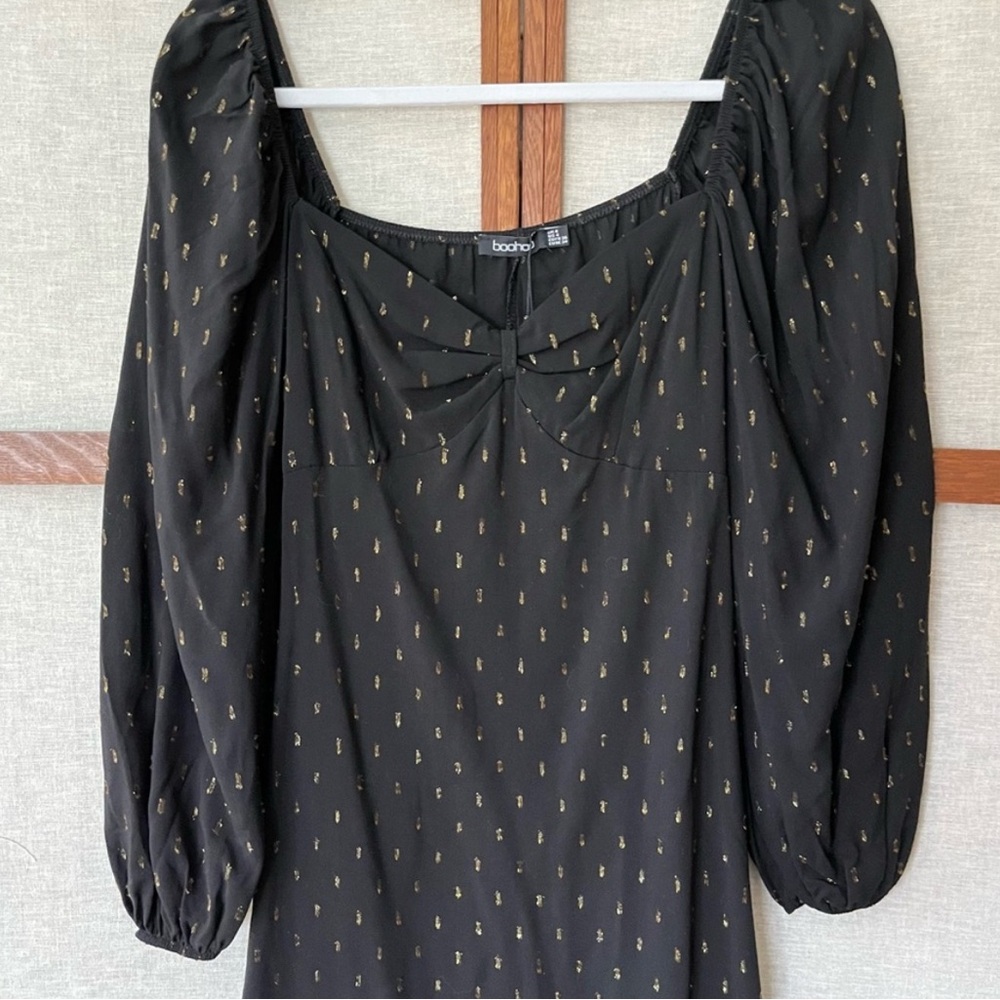 Boohoo Petite Metallic Black and Gold Donny Puff Sleeve Midi Dress NWT - 8 - Picture 6 of 13